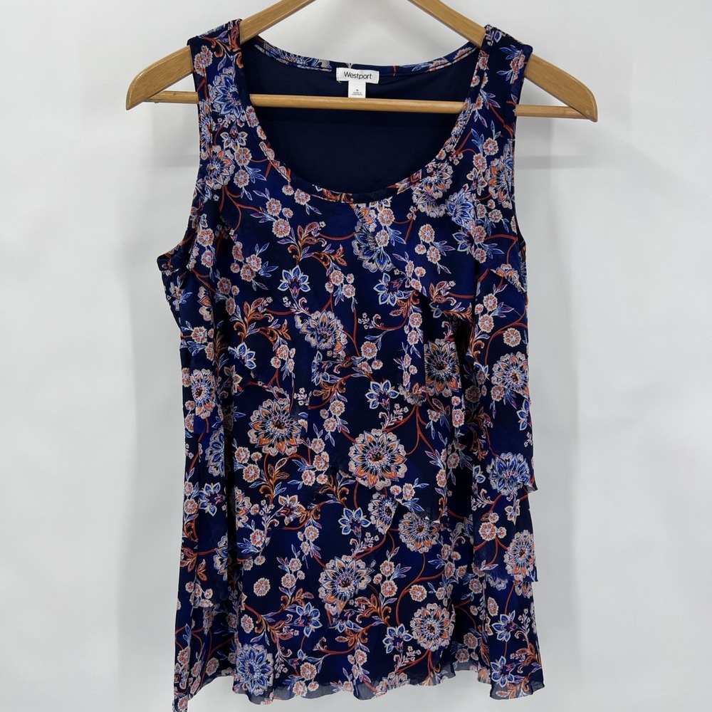 Women's Tank Top Flouncy Lined Blue Blouse Floral Ruffle Tiered Tank Small Boho